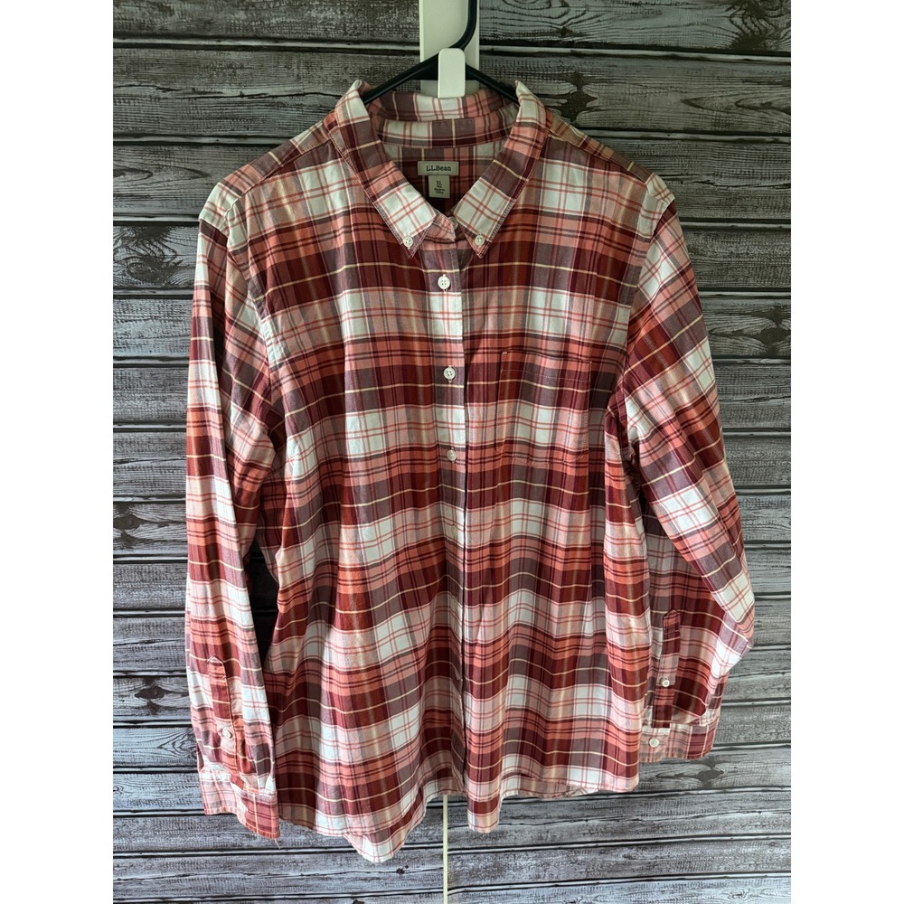 LL Bean Women's Long-Sleeved Button-Down Top Size XL Red Pink Tartan Plaid